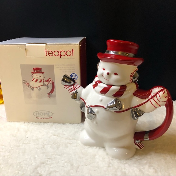 2001 Jolly Snowman Collection Hand-Painted Earthenware Teapot w/White Gold - Picture 3 of 13